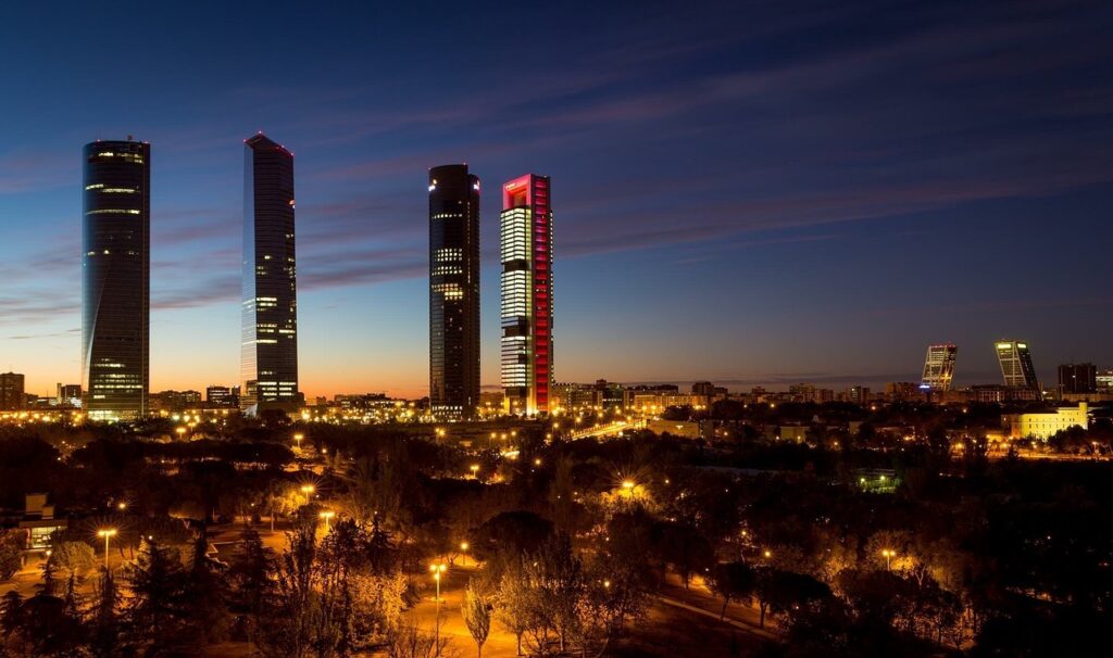 madrid, spain, torres, skyline, leaderboard, skyscraper, night, city, tourism, madrid, madrid, madrid, madrid, madrid